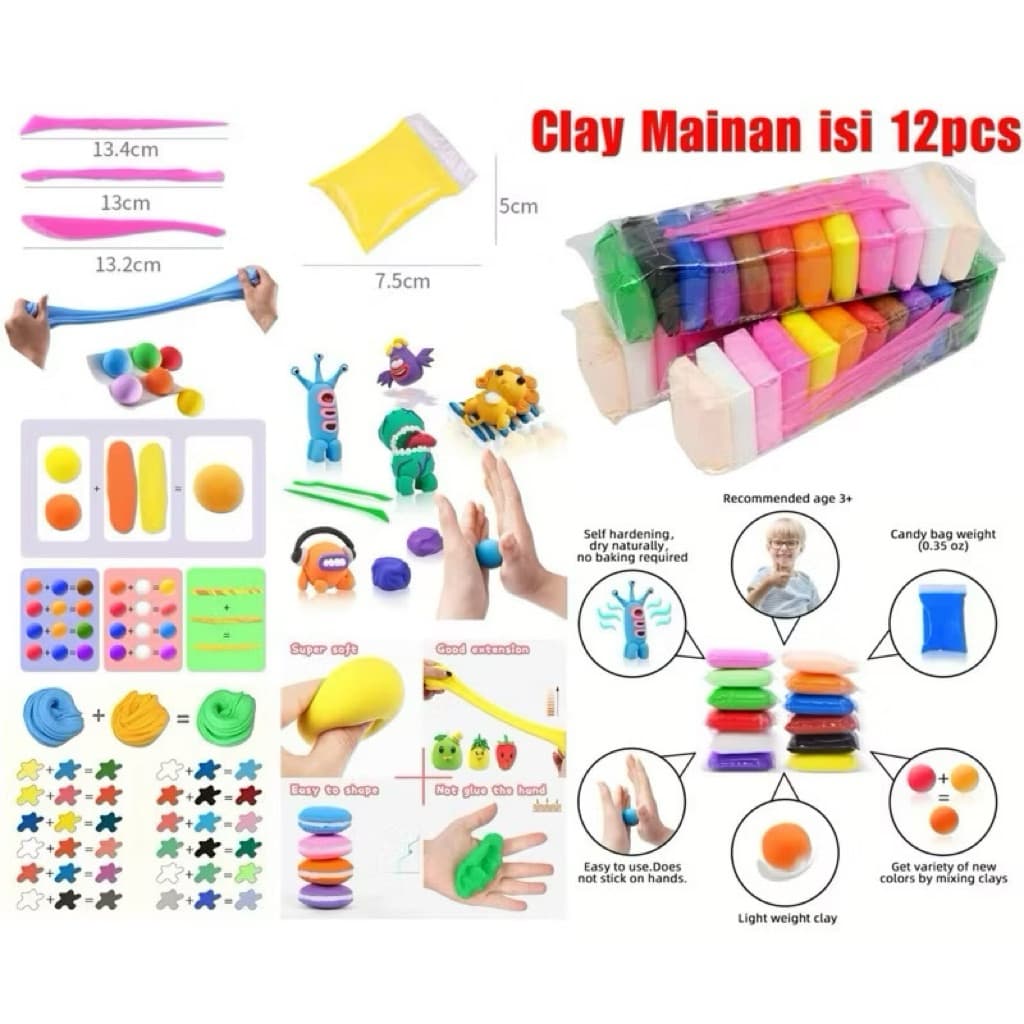 (GROSIRAN) Clay Mainan Anak Isi 12 Pcs Clay 12 Warna Clay Polymer Warna Warni Mainan Slime Lilin Platisin