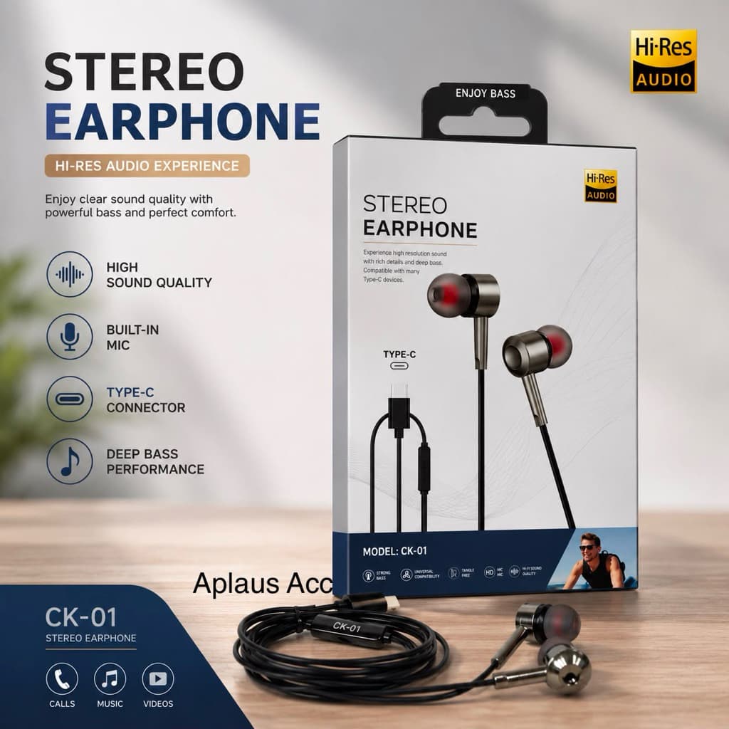 (GROSIRAN) Headset Type C Universal CK-01 Stereo Earphone Hi-Fi Bass Mic HD Call Type C Android Handsfree CK01 TeleponN