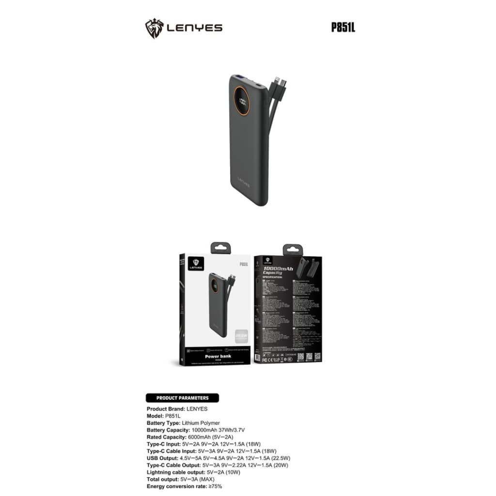 [ Sertifikat CCC ] LENYES P851L Slim Powerbank 10000mAh Fast Charging 22.5W Built In Dual Kabel Type C + Lightning Output Power Bank Portable