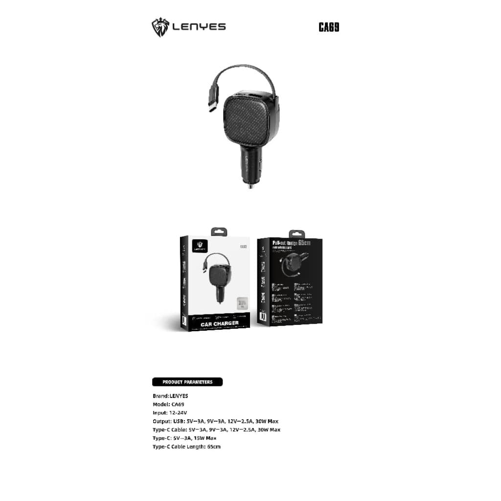 LENYES CA69 30W Car Charger HP Untuk Di Mobil Fast Charging Multi Port Built In Cable Type C