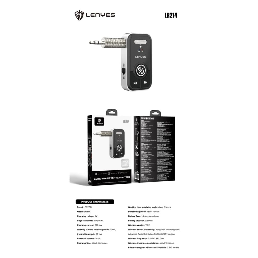 LENYES LR214 Bluetooth Receiver Transmitter Aux 3.5mm Wireless Adapter 5.2 Alat Bluetooth Salon Speaker Audio MP3 Player With Mic