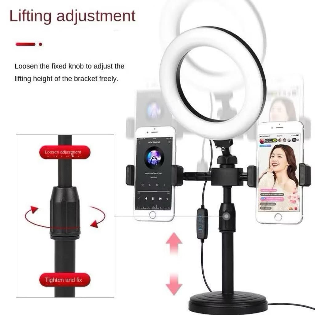 (GROSIRAN) Tripod 28CM + 2 Holder HP + Lampu Ringligth 16CM Stand HP Selfie Vlogging Podcast Review Live Nonton