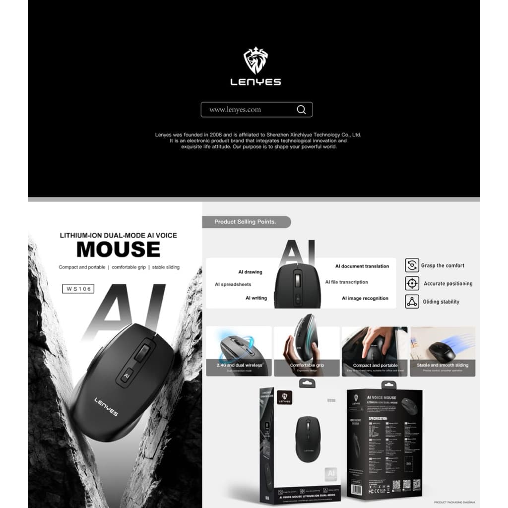 LENYES WS106 Mouse Wireless Dual Mode 2.4G + Bluetooth AI Voice Rechargeable Silent Click Mouse Untuk Windows PC Laptop Tablet HP