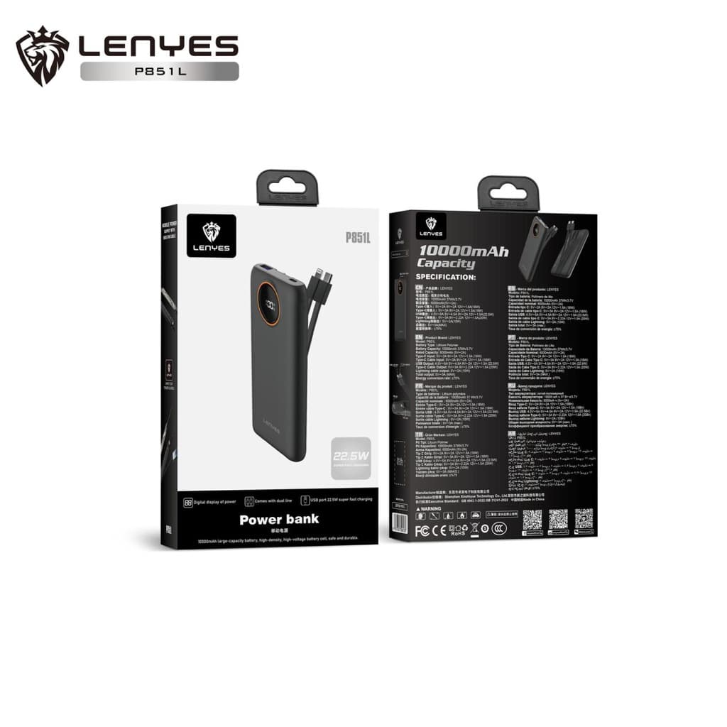 [ Sertifikat CCC ] LENYES P851L Slim Powerbank 10000mAh Fast Charging 22.5W Built In Dual Kabel Type C + Lightning Output Power Bank Portable