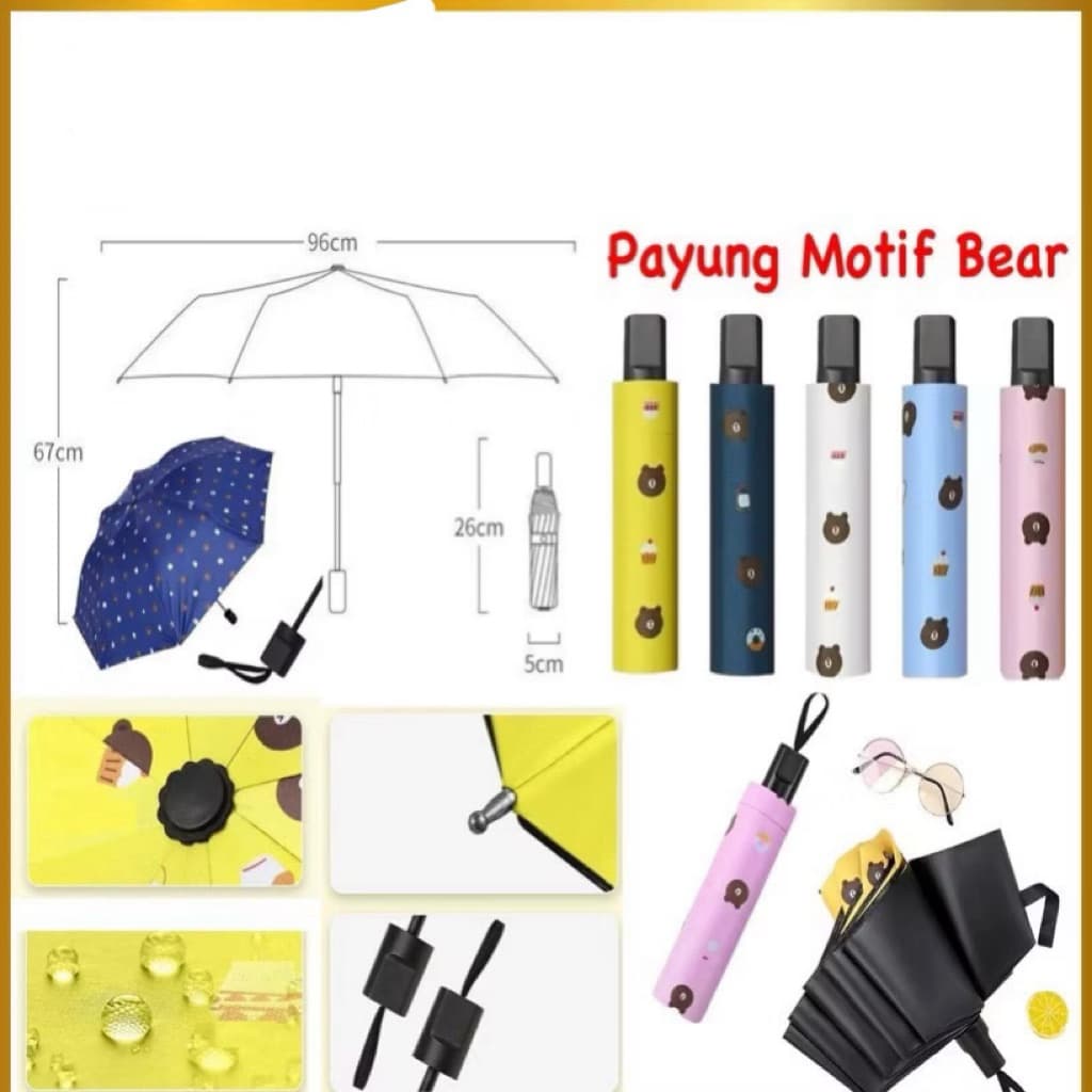 Payung Lipat Beruang Dengan Sarung Payung Lipat Manual Motif Bear Praktis Serbaguna