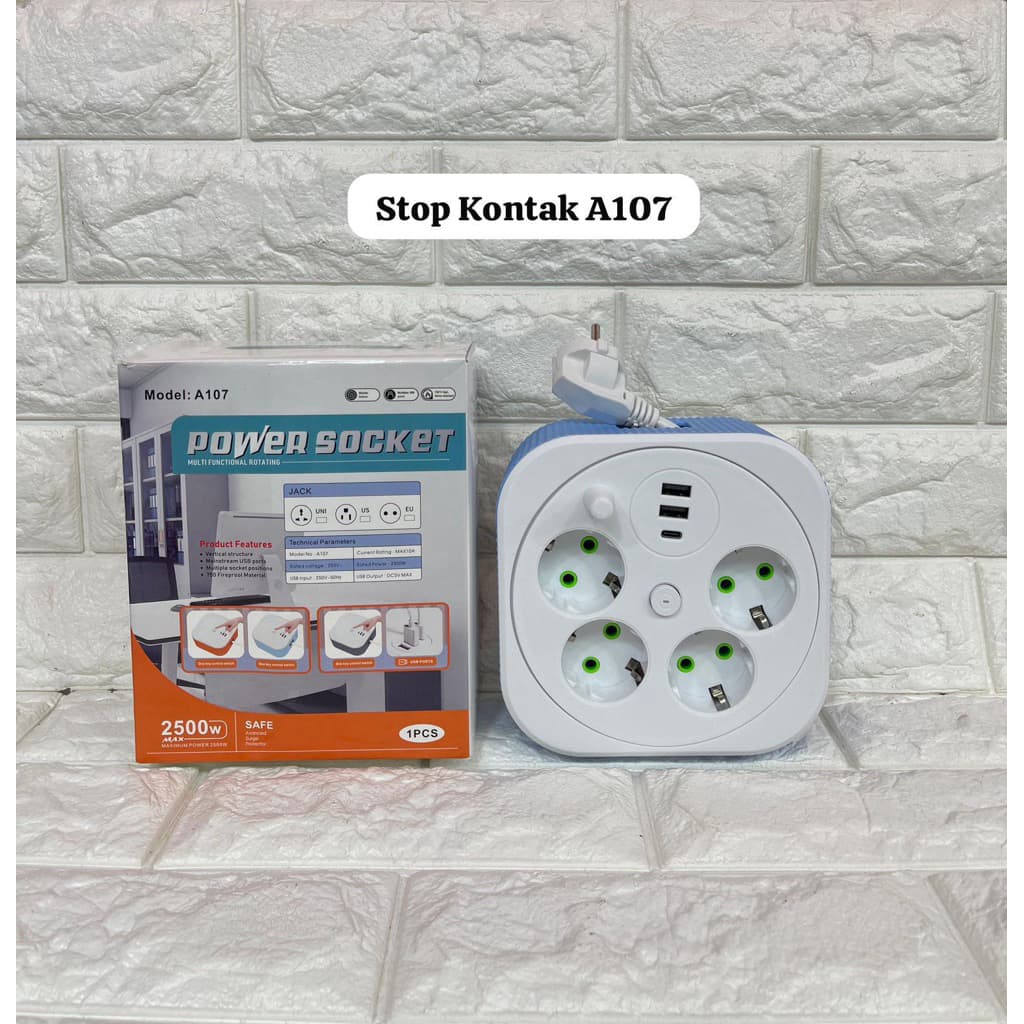 Power Socket Colokan Listrik A107 Stop Kontak 4 Socket 2 USB 1 Type C On Off Kabel Tarik