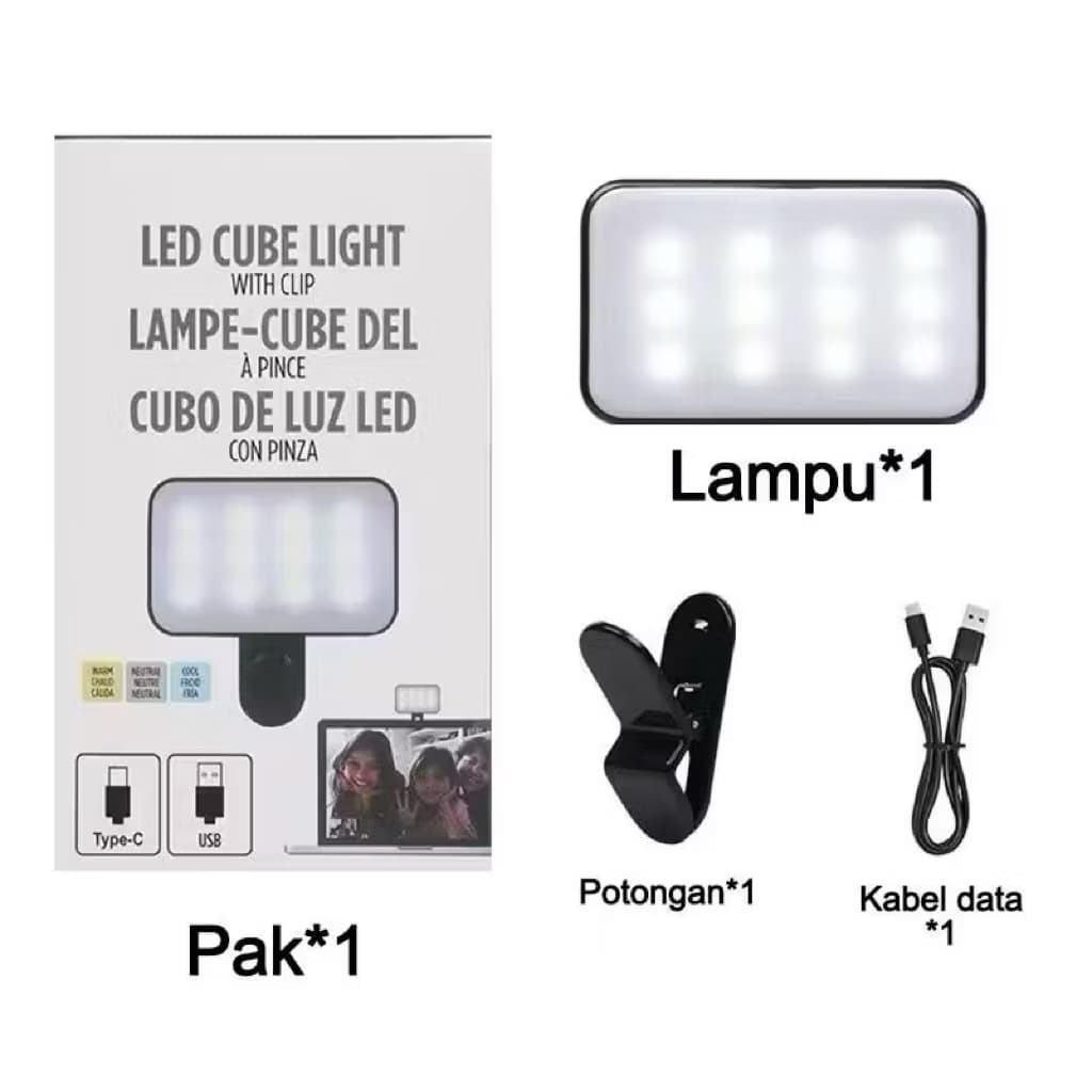 (GROSIRAN) Lampu Selfie Led Cube Light Portable Lampu Selfie Mini Fill Light Clip Live Streamer Serbaguna
