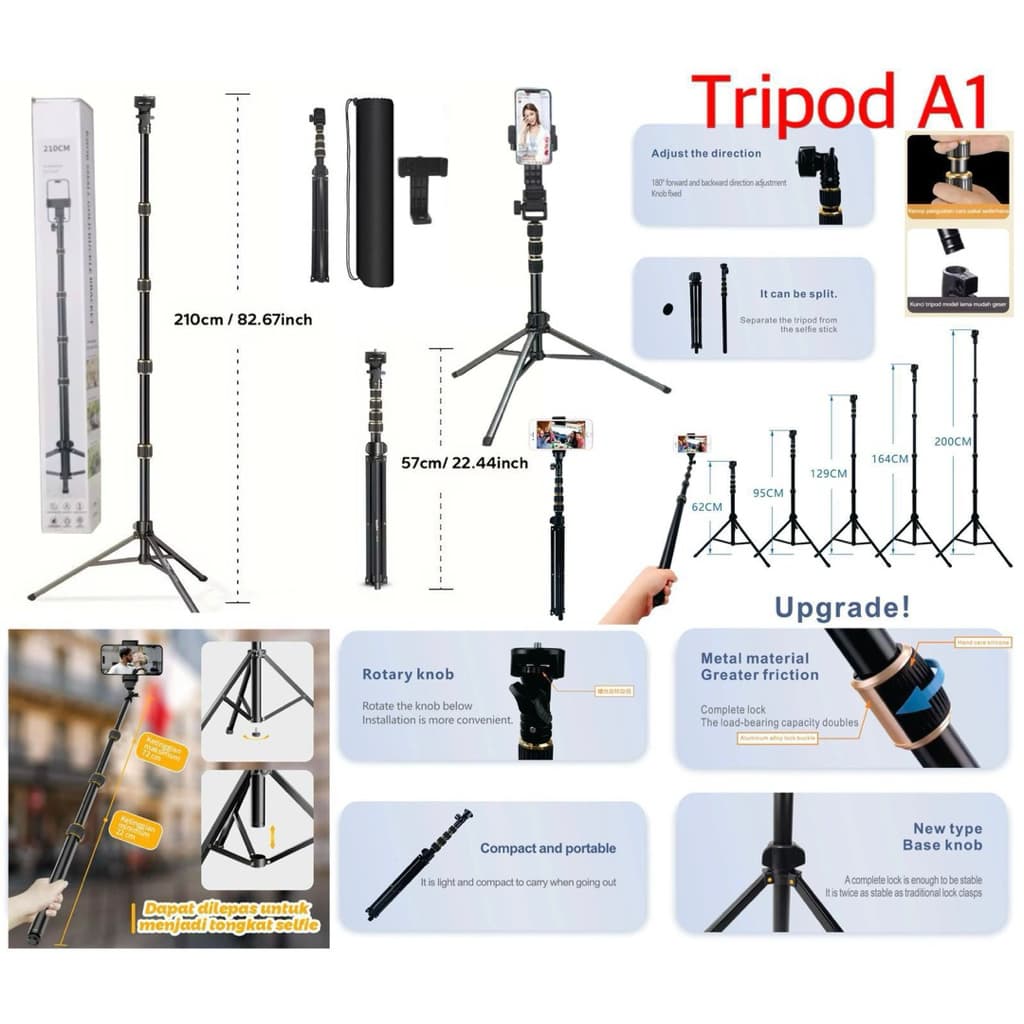 Tripod Premium A1 Pro 210CM Multifungsi 2,1M | Selfie Stick + Tripod HP Kamera | Live Streaming Vlog Tiktok