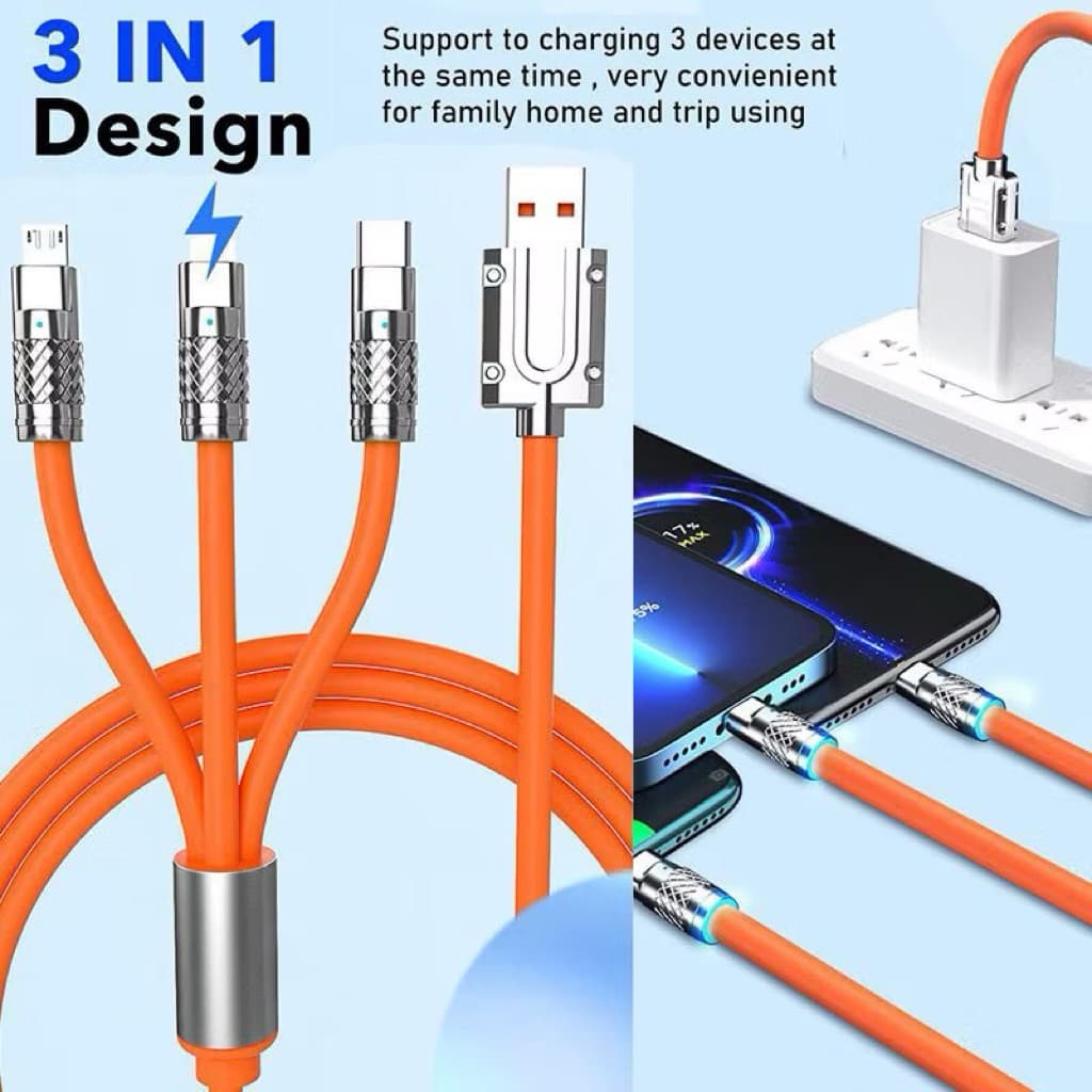 (GROSIRAN) KABEL DATA 120W 3 IN 1 FAST CHARGING KABEL DATA SILIKON 3IN1 1M MICRO TYPE-C IPHONE