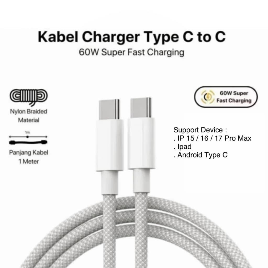 Kabel Data Charger OC Type C To Type C Iphone 15 / 16 / 17 Pro Max Android Type C Fast Charging  Satuan