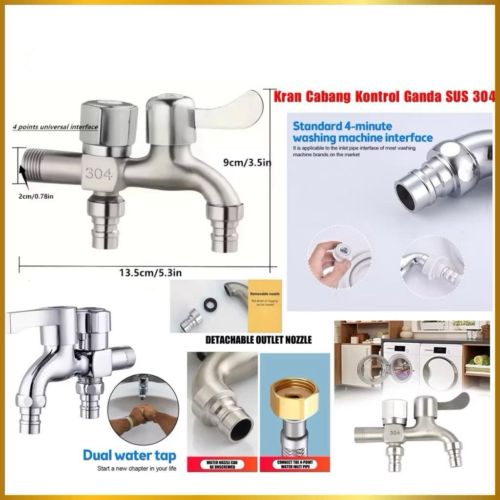 Kran Cabang Kontrol Ganda Sus 304 Kran Cabang Tembok Shower Mesin Cuci Serbaguna