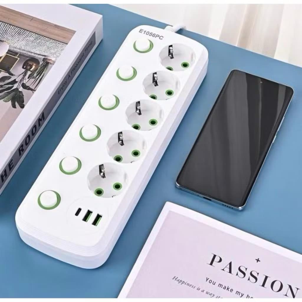 Power Stop Kontak Kabel Smart Switch 2 Meter 5 Lubang 2 USB 1 Type C Port Dengan On Off Power Socket Multifungsi