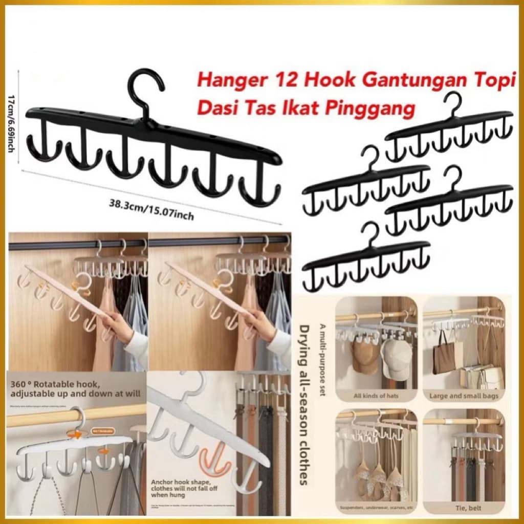Gantungan Hanger 12 Hook Plastik Gantungan Pakaian Tas Topi Ikat Pinggang Multilayer Serbaguna
