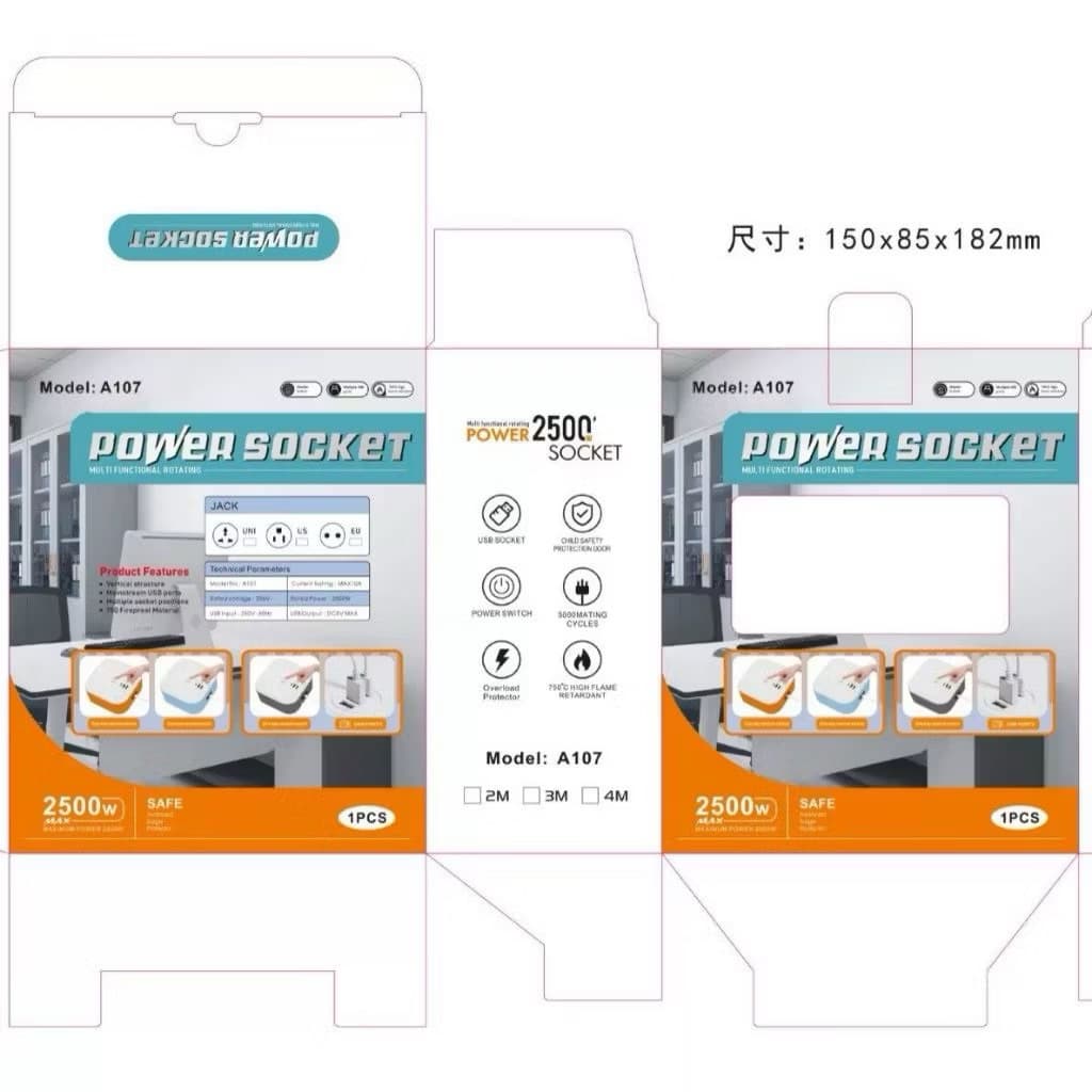 Power Socket Colokan Listrik A107 Stop Kontak 4 Socket 2 USB 1 Type C On Off Kabel Tarik
