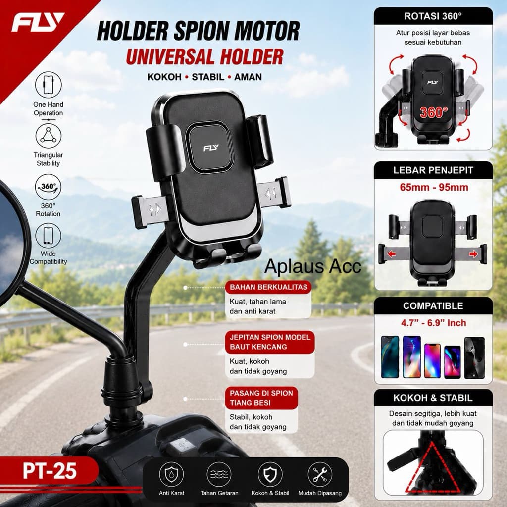 Holder HP Premium Motor Spion PT-25 Universal Rotasi 360° Anti Getar Kokoh untuk Semua Smartphone