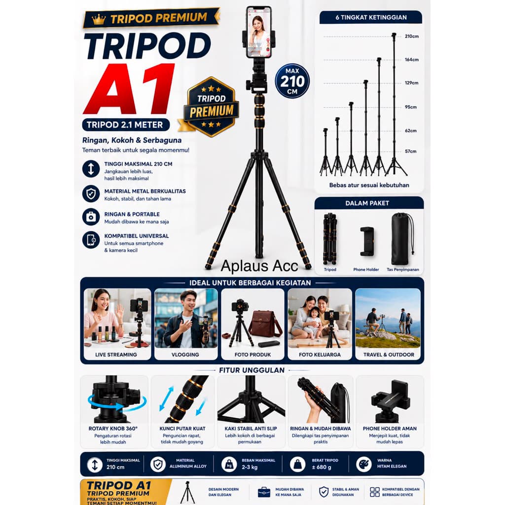Tripod Premium A1 Pro 210CM Multifungsi 2,1M | Selfie Stick + Tripod HP Kamera | Live Streaming Vlog Tiktok