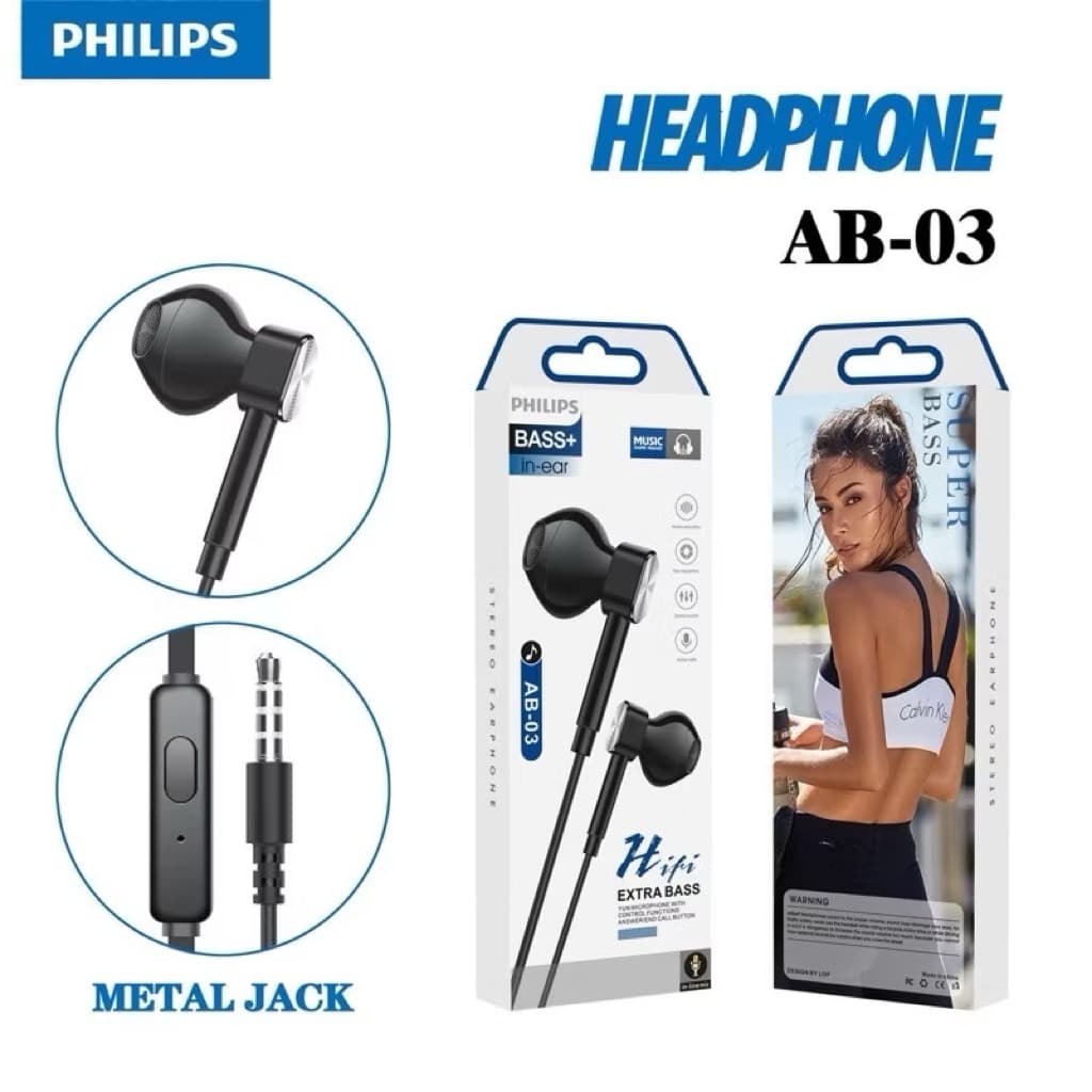 (GROSIRAN Headset Handsfree Philips + Mic Hifi Extra Bass Seri AB
