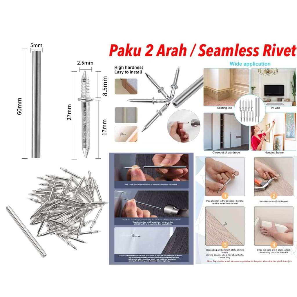 Paku Skirting Kepala Ganda Tanpa Jejak Paku Rivet 2 Arah Paku Lis Lantai 100pcs