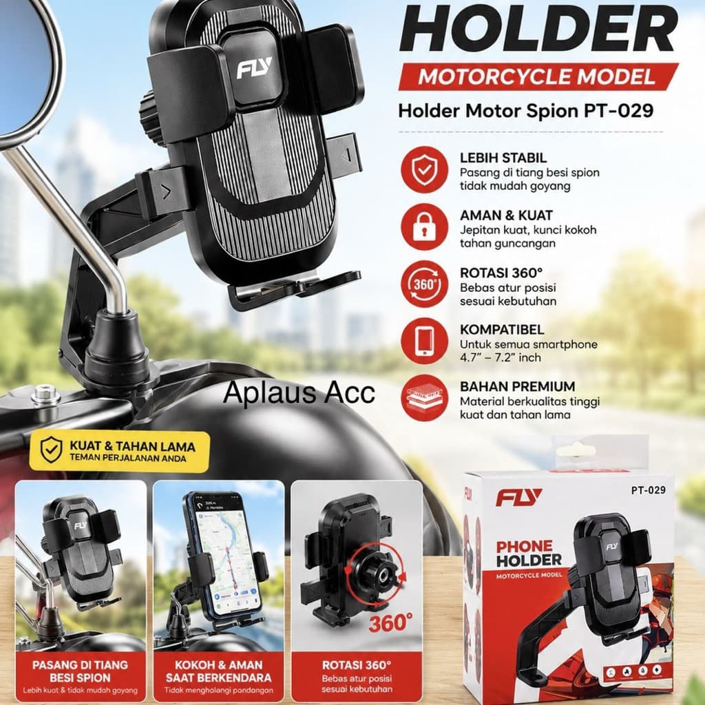 (GROSIRAN) Holder HP Motor Spion FLY PT-029 Universal Rotasi 360° Anti Getar Anti Goyang Stabil Super Kuat