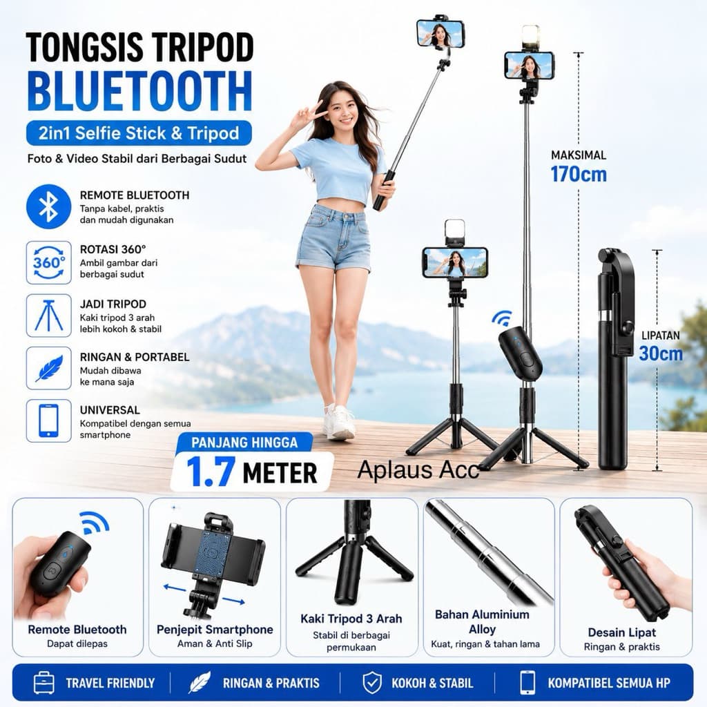 (GROSIRAN) Tongsis Tripod LED 1.7 Meter Flexible With Remote Bluetooth Selfie