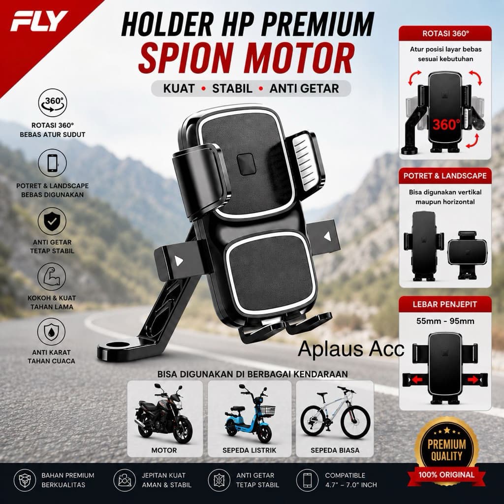 (GROSIRAN) Holder HP Premium Motor Spion PT-03 Universal Rotasi 360° Anti Getar Kokoh untuk Semua Smartphone