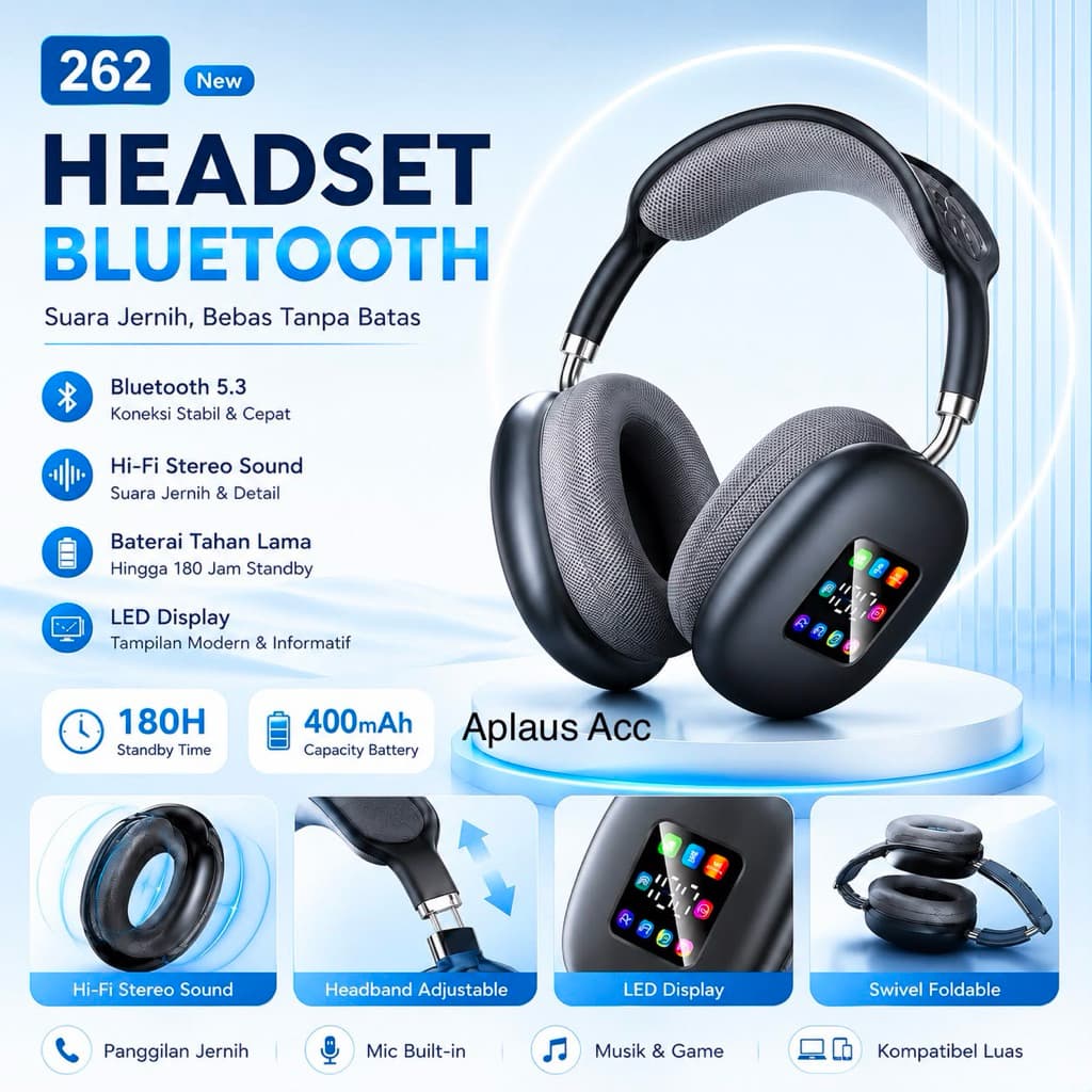 Headset Bluetooth Bando 262 Smart Display Wireless Hifi Headphone Super Bass