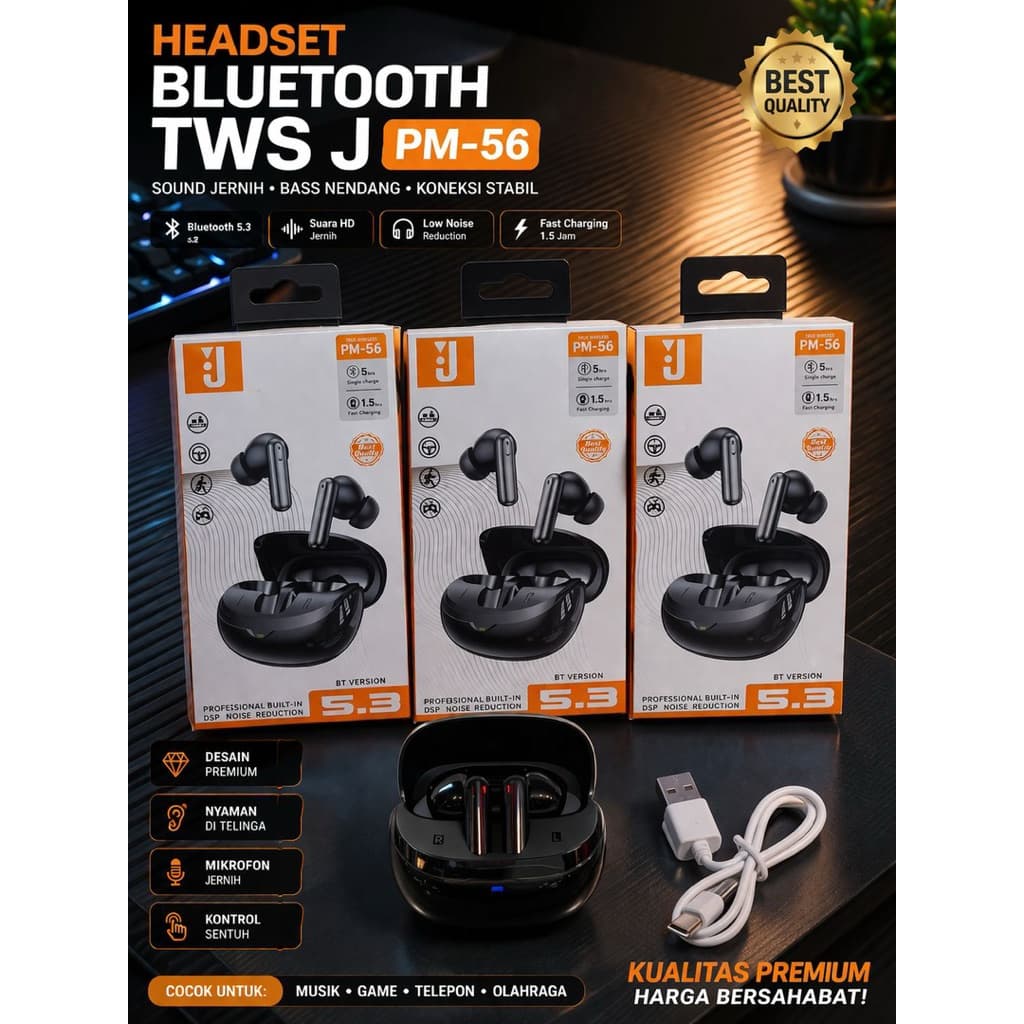 Handsfree Bluetooth 5.3 TWS J PM-56 Wireless Headset Earphone DSP Noice Reduction Mega Bass