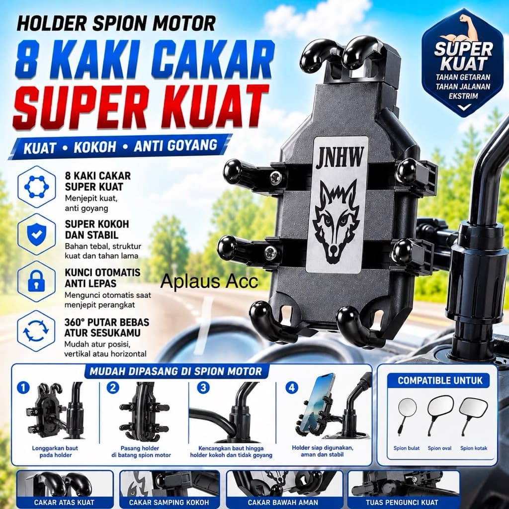 Holder HP Spion Motor 8 Cakar WOLFCLAW X8 Super Kuat Auto Lock Anti Goyang Rotasi 360° Universal