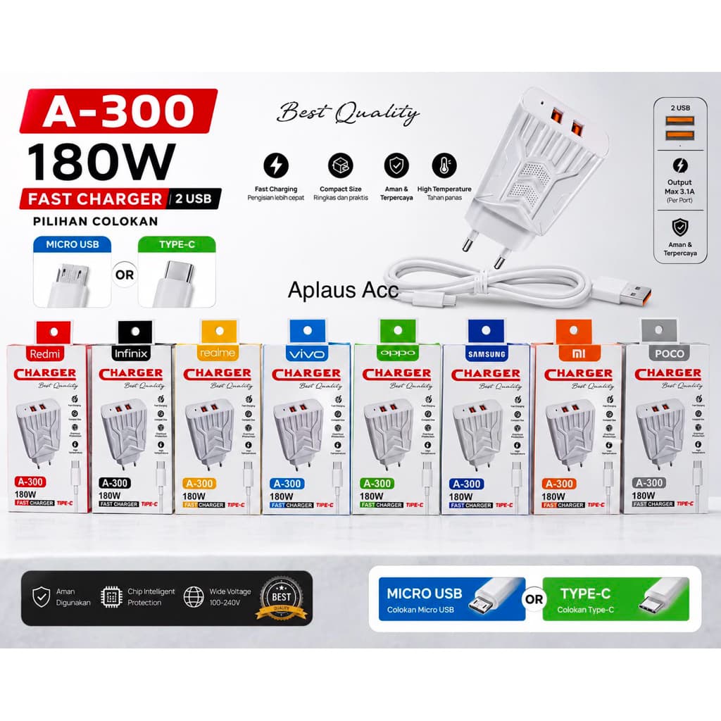 Charger A-300 Fast Charging 180W Dual USB Original | Charger HP Android Universal Pilihan Kabel Micro USB & Type-C