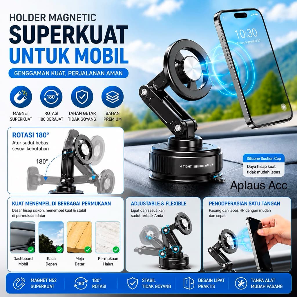 Magnetic F-01 Pro 180° Holder HP Mobil Magnet Super Kuat Vacuum Suction Cup Lipat Rotasi 180 Derajat Anti Guncang Universal