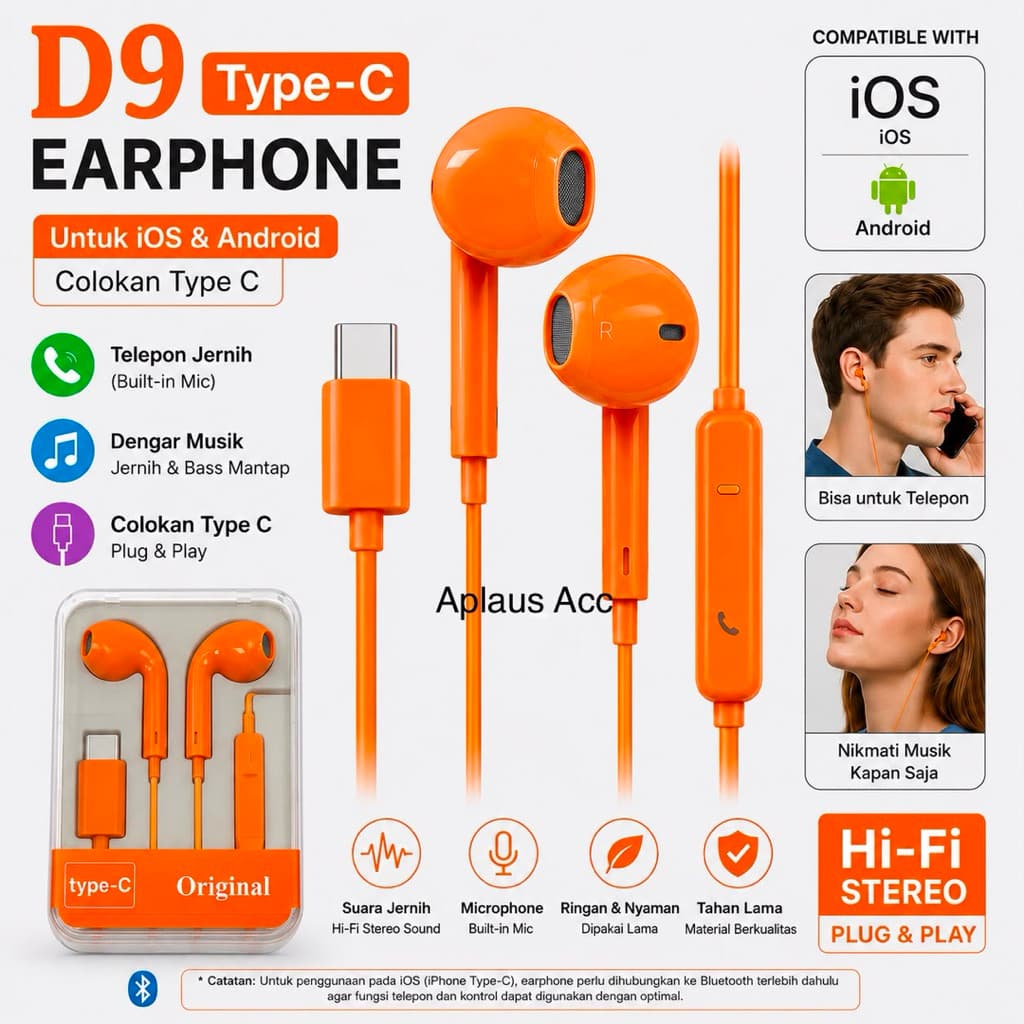 D9 Earphone Type-C Handsfree Original HiFi Stereo Sound Support iPhone Android Bisa Telepon & Musik