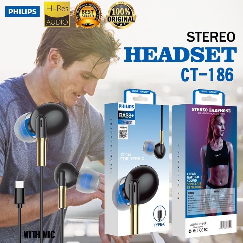 Headset Handsfree Philips CT-186 Stereo Konektor Colokan Type-C