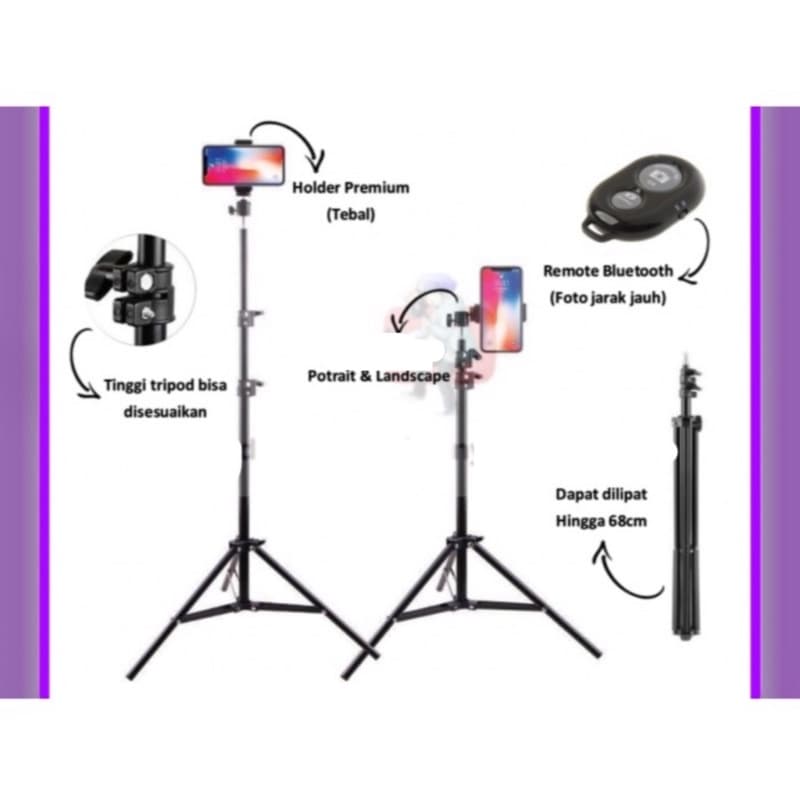 Paket Komplit Tripod 2,1 Meter Besi + Remote Bluetooth Buat Selfie