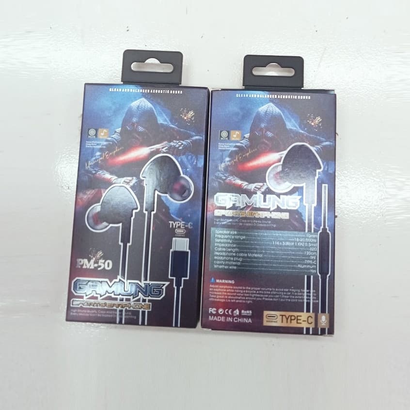 Handsfree Gamung Sport Earphone PM-50 + Mic Headset Stereo Sound Quality Konektor Type C