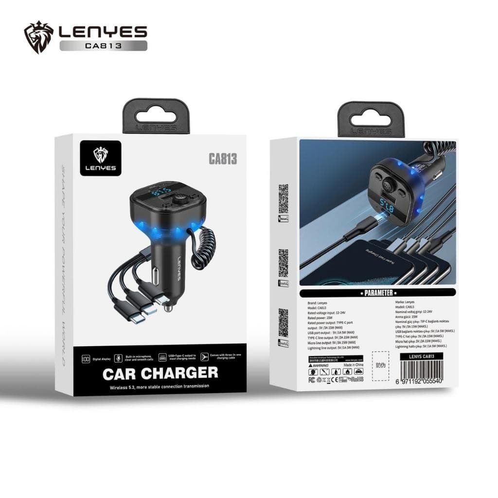 Car Charger LENYES CA813 FM Transmitter Bluetooth 5.3 Modulator Dual Port dengan Kabel Built-In (Lightning, Type C, Micro USB) & Mic