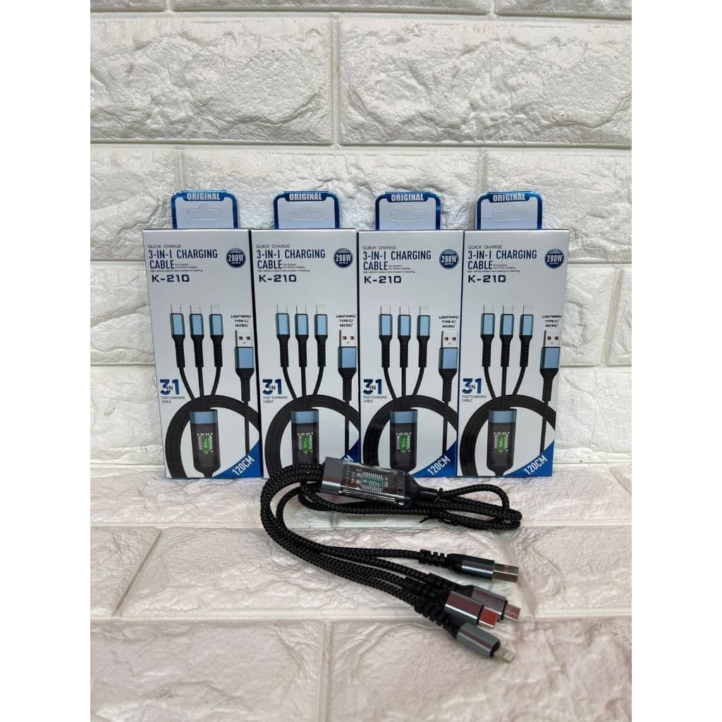 KAbel Data LED 3in1 100watt K-210 + Pack USB V8/Micro & Type-C &Ligh Support Fast Charging Universal