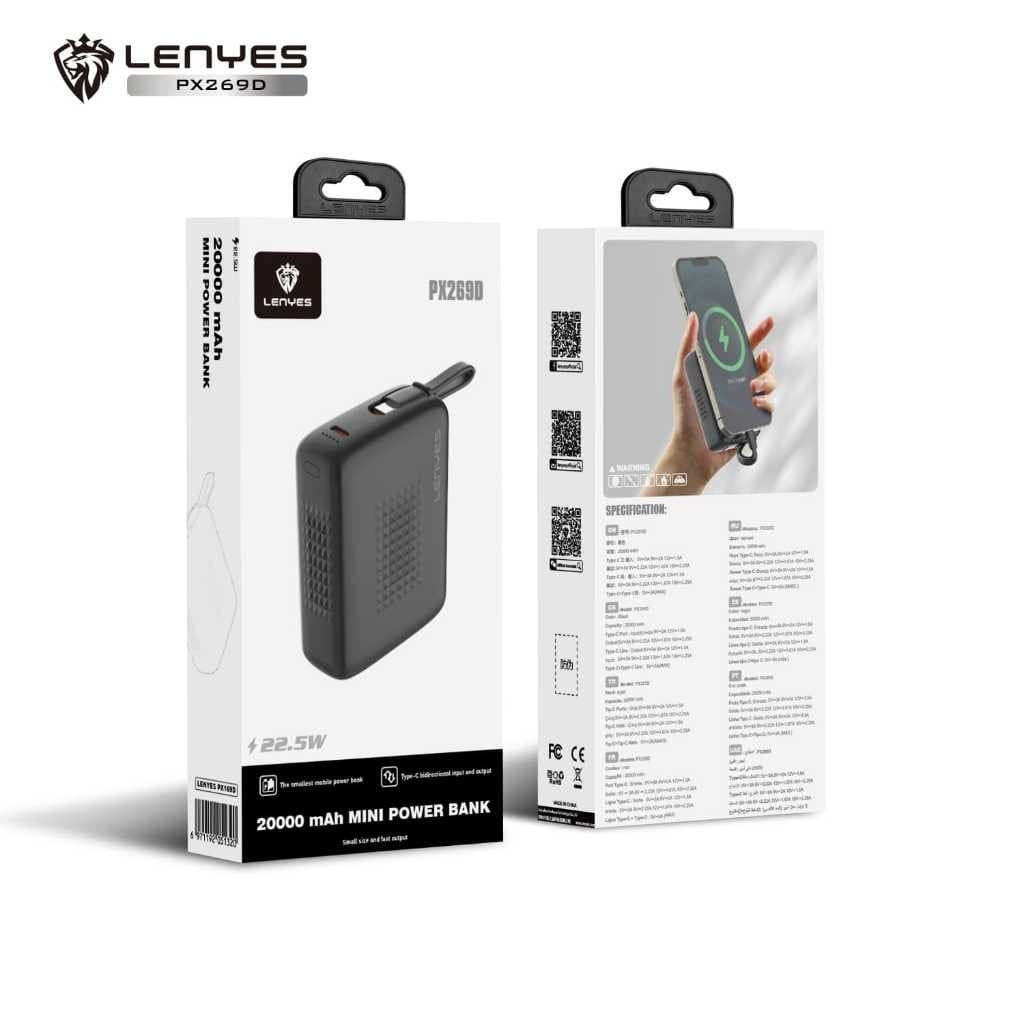 Powerbank Mini 20000mAh LENYES PX269D Fast Charging 22.5W Built In Cable Type C Output Power Bank Portable