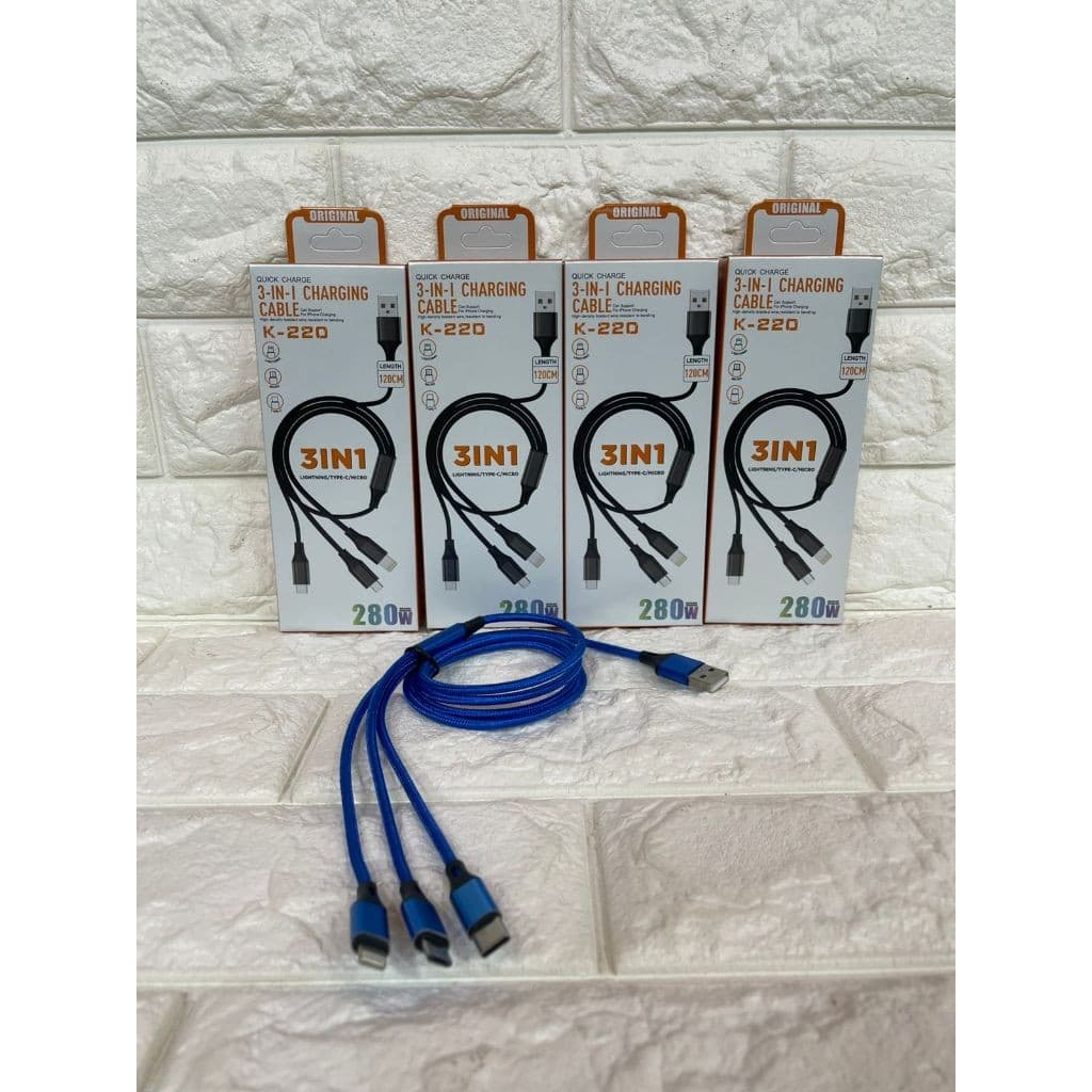 Kabel Data 280W 3in1 K-220 1.2meter + Pack USB V8/Micro&Type-C&Ligh Support Fast Charging Universal