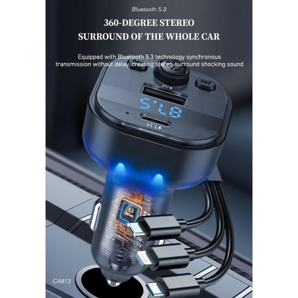 Car Charger LENYES CA813 FM Transmitter Bluetooth 5.3 Modulator Dual Port dengan Kabel Built-In (Lightning, Type C, Micro USB) & Mic