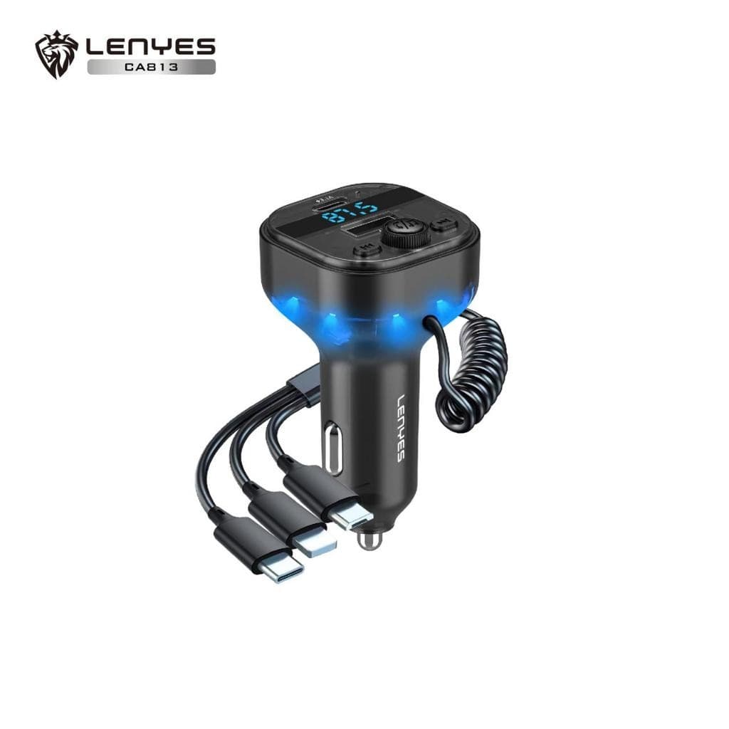 Car Charger LENYES CA813 FM Transmitter Bluetooth 5.3 Modulator Dual Port dengan Kabel Built-In (Lightning, Type C, Micro USB) & Mic