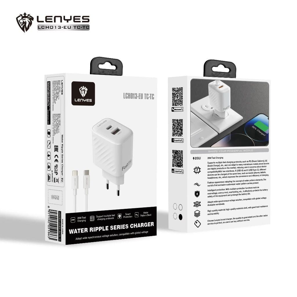 Travel Charger Fast Charging LENYES LCH013 20W 1 set Adaptor Kepala Charger Dual Port USB & Type C dengan Kabel Data Casan HP