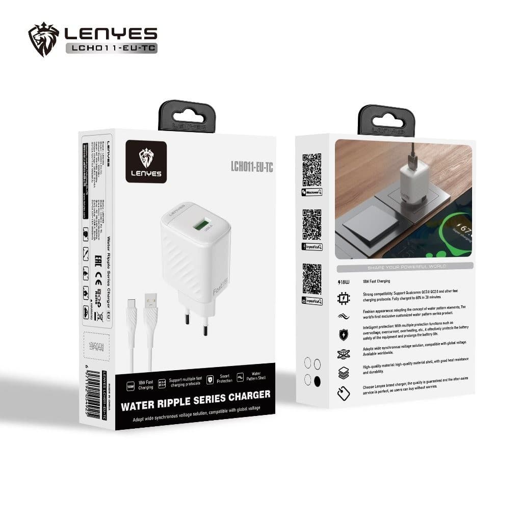 Travel Charger Fast Charging LENYES LCH011 18W 1 set Adaptor Kepala Charger Port USB dengan Kabel Data Casan HP