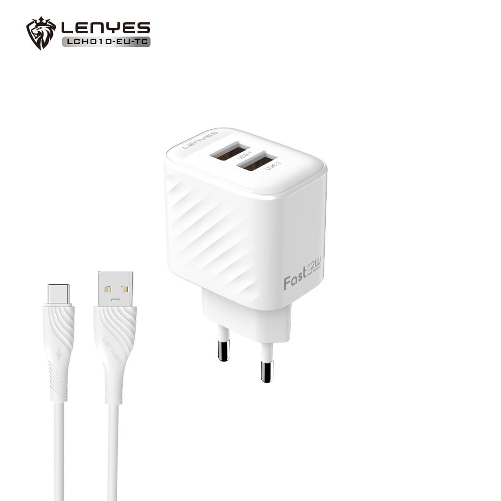 Travel Charger Dual Port USB LENYES LCH010 12W 1 set Adaptor Kepala Charger dengan Kabel Data Casan HP