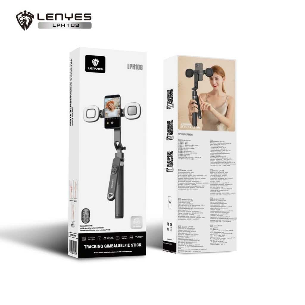 Tripod Gimbal LENYES LPH108 AI Face Tracking Selfie Stick Tongsis Kamera HP With Remote Bluetooth Lampu LED Monopod Portable