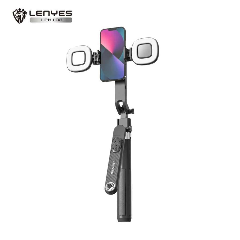 Tripod Gimbal LENYES LPH108 AI Face Tracking Selfie Stick Tongsis Kamera HP With Remote Bluetooth Lampu LED Monopod Portable
