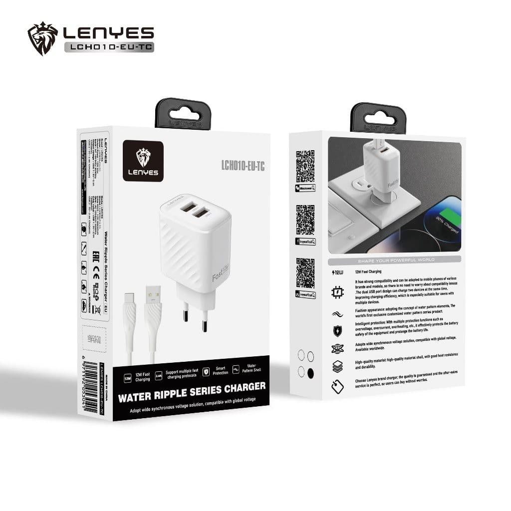 Travel Charger Dual Port USB LENYES LCH010 12W 1 set Adaptor Kepala Charger dengan Kabel Data Casan HP