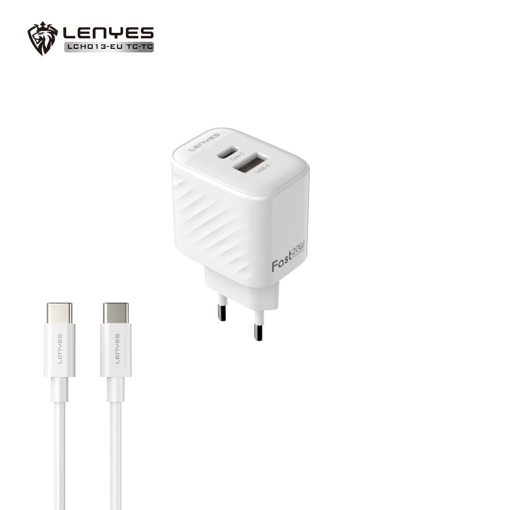 Travel Charger Fast Charging LENYES LCH013 20W 1 set Adaptor Kepala Charger Dual Port USB & Type C dengan Kabel Data Casan HP
