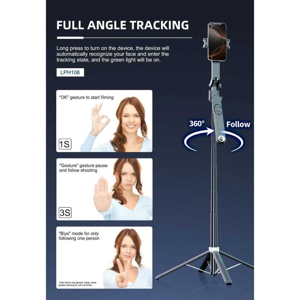 Tripod Gimbal LENYES LPH108 AI Face Tracking Selfie Stick Tongsis Kamera HP With Remote Bluetooth Lampu LED Monopod Portable