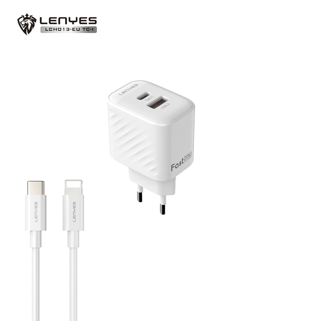 Travel Charger Fast Charging LENYES LCH013 20W 1 set Adaptor Kepala Charger Dual Port USB & Type C dengan Kabel Data Casan HP