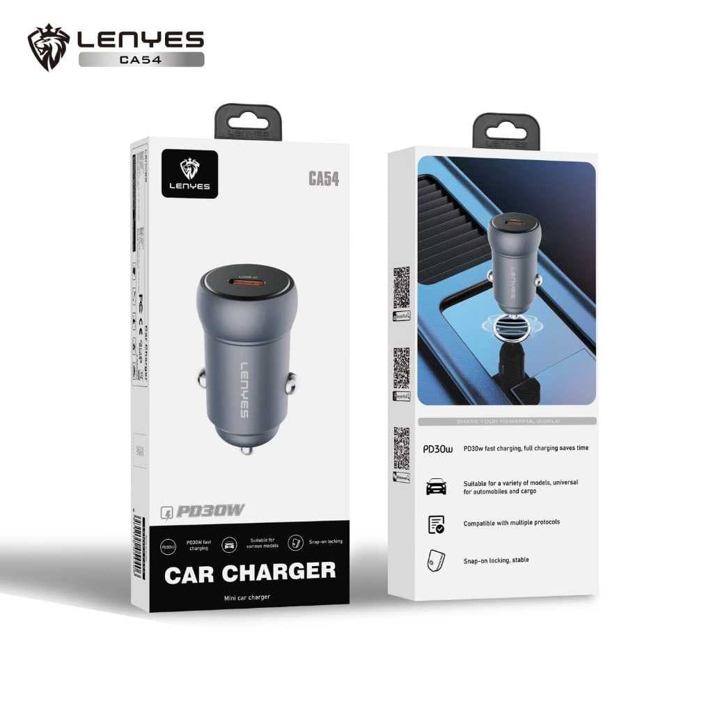 Adaptor Saver Mobil LENYES CA54 PD30W Mini Car Charger Fast Charging Type C Port Untuk HP